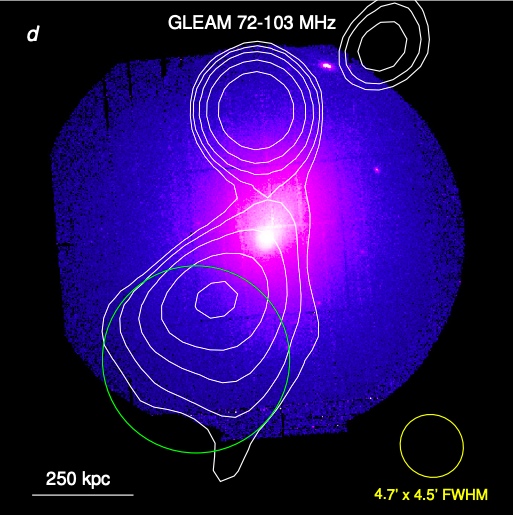 Совмещенные данные космического рентгеновского телескопа XMM-Newton (цветные) и наземного радиотелескопа GLEAM (контуры